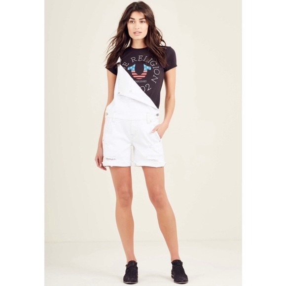 TRUE RELIGION Ripped Frayed Hem Jean Denim Overalls Sz M - Picture 3 of 14